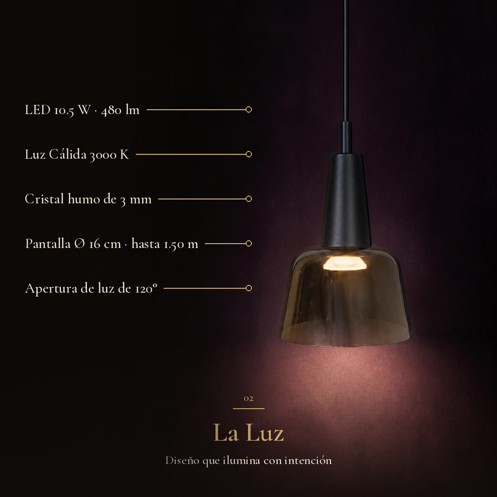 BUBUP encendido en primer plano sobre fondo oscuro: LED 10.5 W, 480 lm, 3000 K, cristal humo de 3 mm, pantalla de 16 cm y 120°