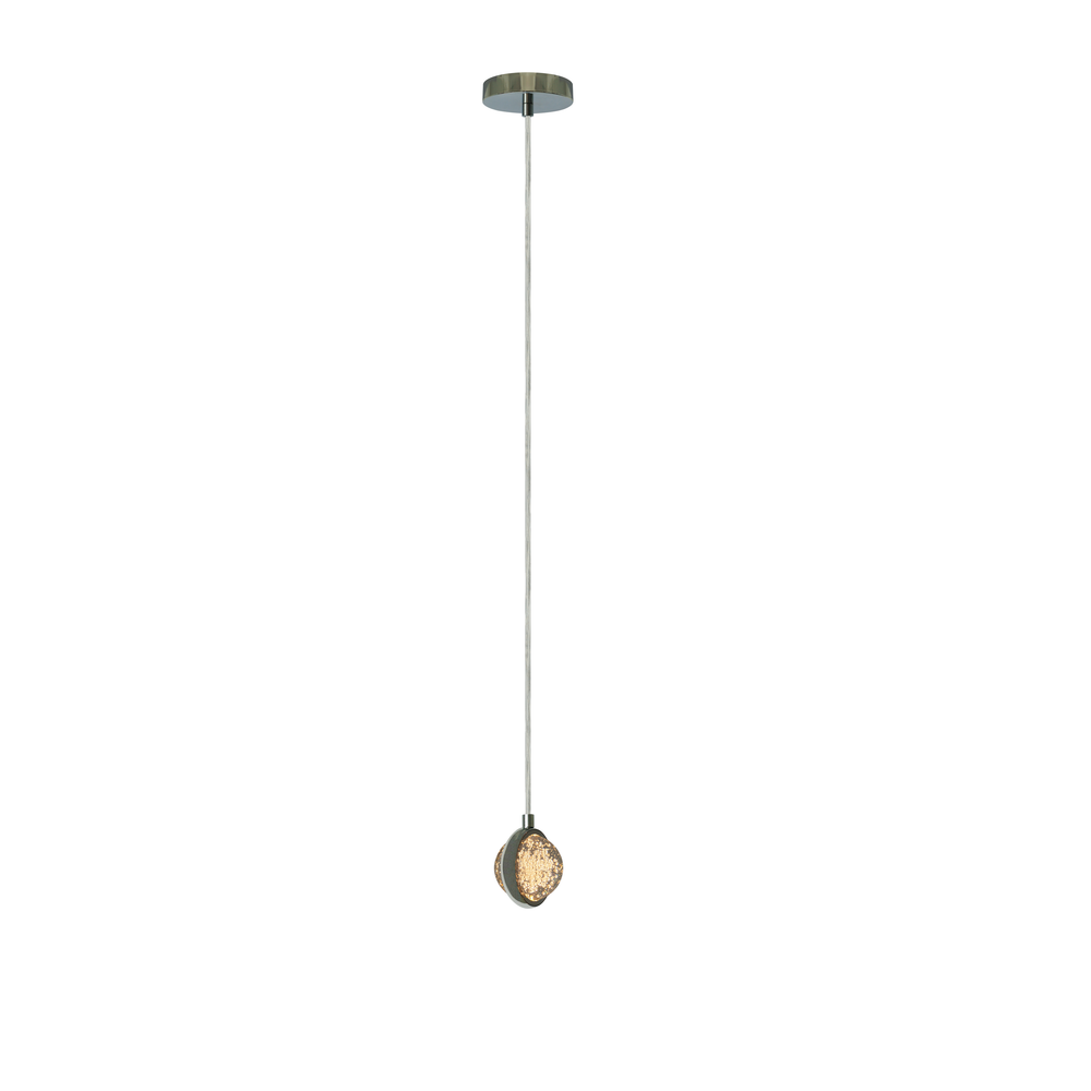 BURBIA CEILING lámpara colgante LED con esfera de cristal con burbujas y aro cromo, vista completa en fondo blanco