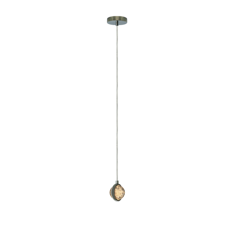 BURBIA CEILING lámpara colgante LED con esfera de cristal con burbujas y aro cromo, vista completa en fondo blanco – Lámpara de Diseño Báez Lumina