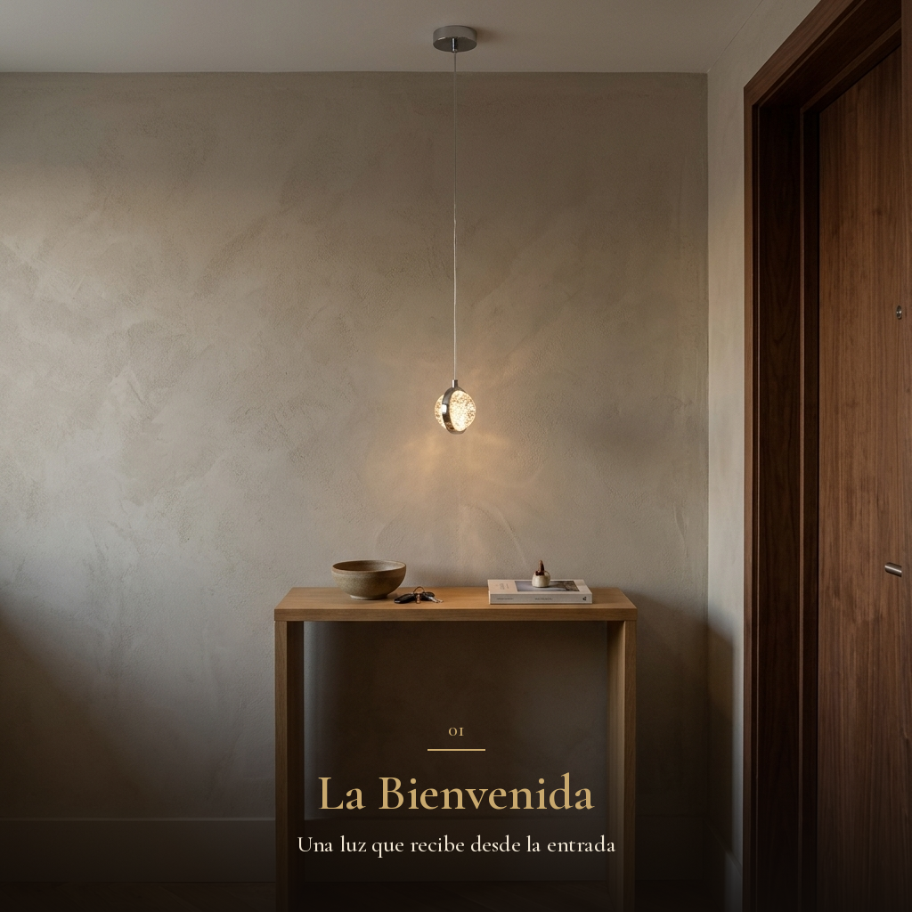 La Bienvenida: colgante BURBIA CEILING encendido sobre consola de recibidor junto a la puerta de nogal