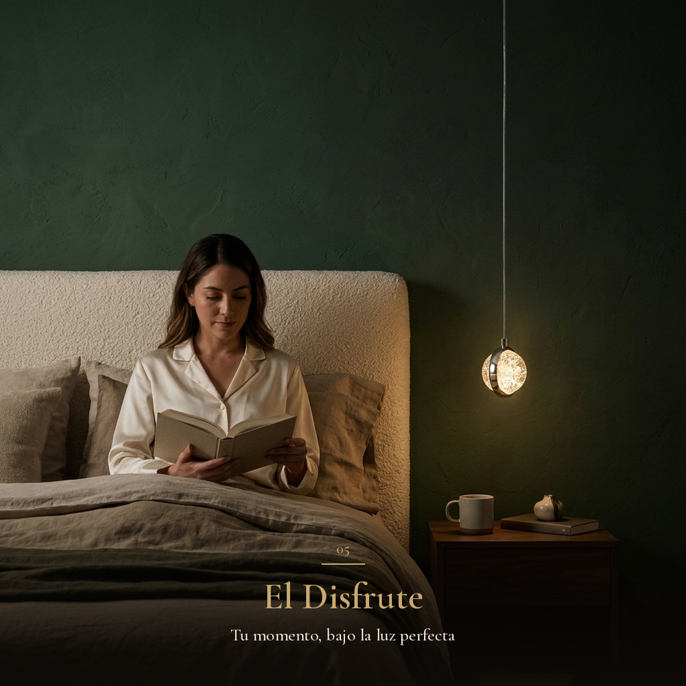 El Disfrute: mujer leyendo en la cama bajo la luz cálida del colgante BURBIA CEILING