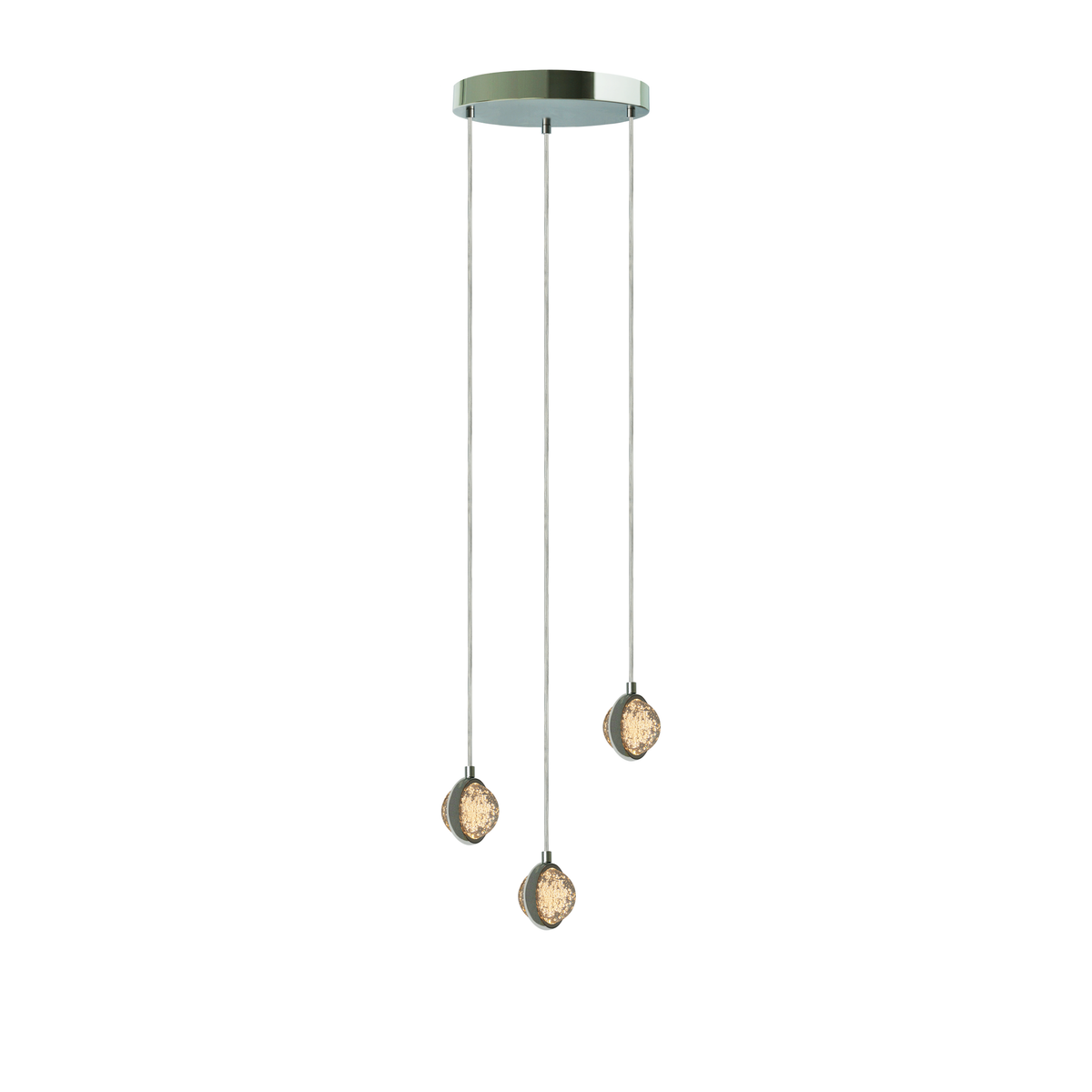 BURBIA CEILING II lámpara colgante LED de 3 esferas de cristal con burbujas y aros cromo, vista completa en fondo blanco