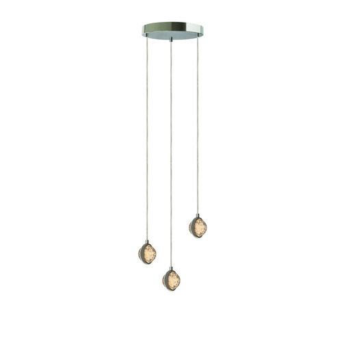 BURBIA CEILING II lámpara colgante LED de 3 esferas de cristal con burbujas y aros cromo, vista completa en fondo blanco – Lámpara de Diseño Báez Lumina