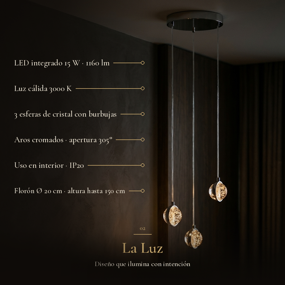La Luz: BURBIA CEILING II con LED 15 W, 1160 lm, luz cálida 3000 K y 3 esferas de cristal con burbujas