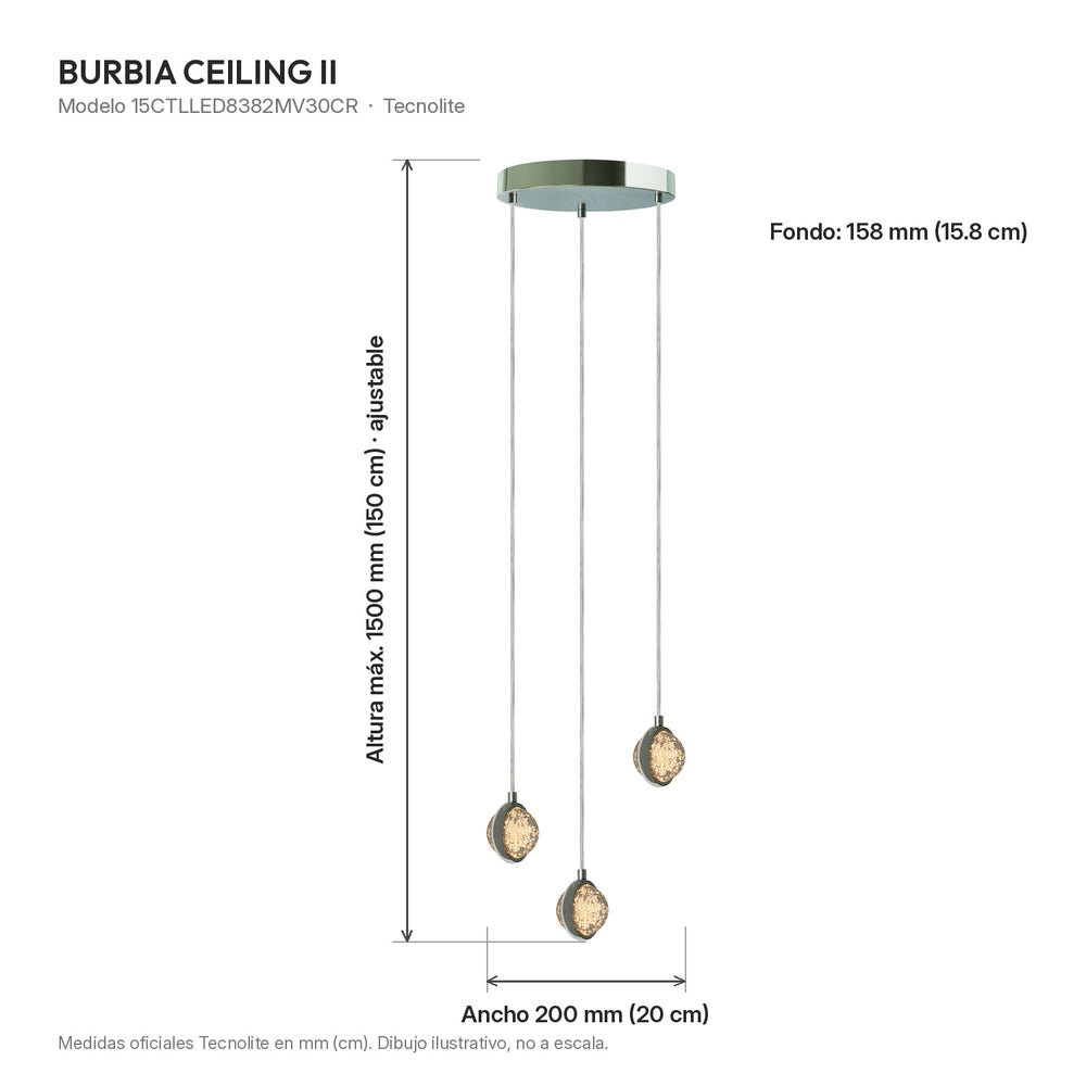 Dibujo de medidas de la lámpara colgante BURBIA CEILING II de tres esferas: altura máxima 1500 mm (150 cm) ajustable, ancho 200 mm (20 cm) y fondo 158 mm (15.8 cm)