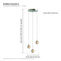 Dibujo de medidas de la lámpara colgante BURBIA CEILING II de tres esferas: altura máxima 1500 mm (150 cm) ajustable, ancho 200 mm (20 cm) y fondo 158 mm (15.8 cm)