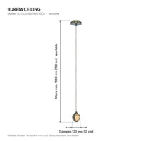 Dibujo de medidas de la lámpara colgante BURBIA CEILING: altura máxima 1500 mm (150 cm) ajustable y diámetro de 120 mm (12 cm)