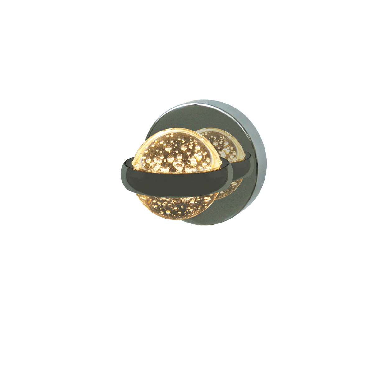 BURBIA WALL arbotante LED cromo con esfera de cristal con burbujas encapsuladas, vista frontal en fondo blanco
