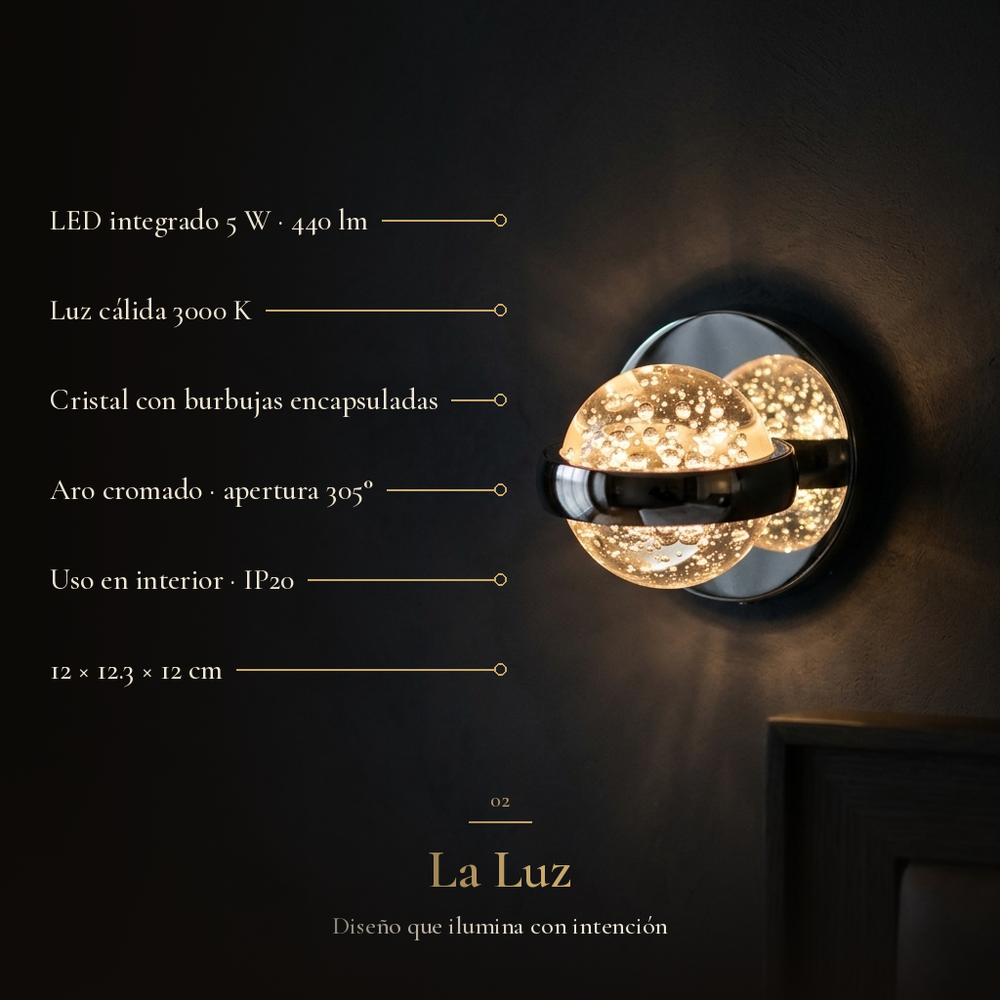 La Luz: BURBIA WALL con LED 5 W, 440 lm, luz cálida 3000 K, cristal con burbujas y 12 × 12.3 × 12 cm