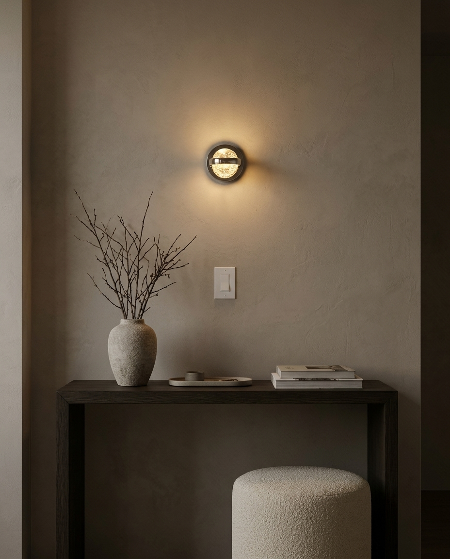 Arbotante BURBIA WALL cromo con esfera de cristal con burbujas encendido en recibidor sobre consola de roble ahumado y jarrón de cerámica