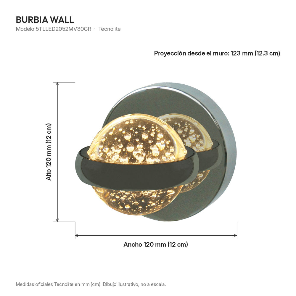 Dibujo de medidas del arbotante BURBIA WALL: alto 120 mm (12 cm), ancho 120 mm (12 cm) y proyección desde el muro de 123 mm (12.3 cm)