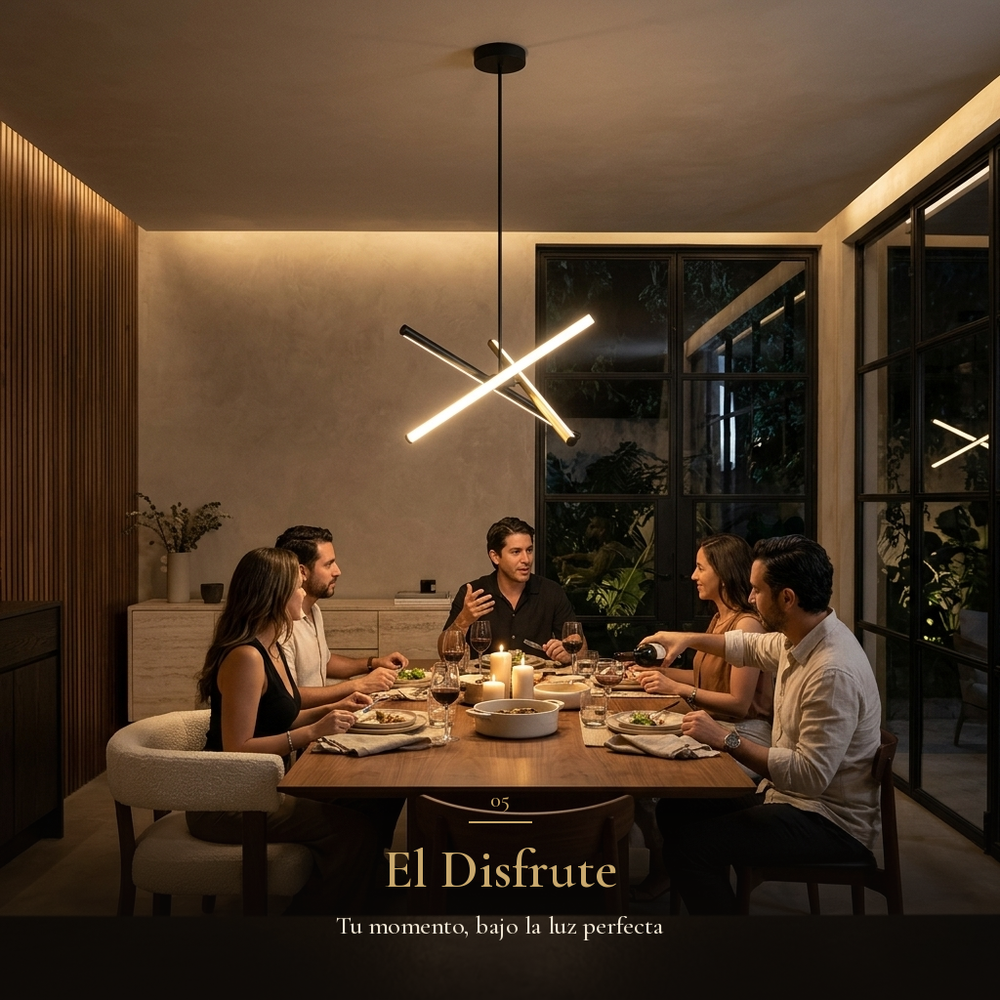 El Disfrute: amigos cenando bajo la luz cálida del colgante CARTER