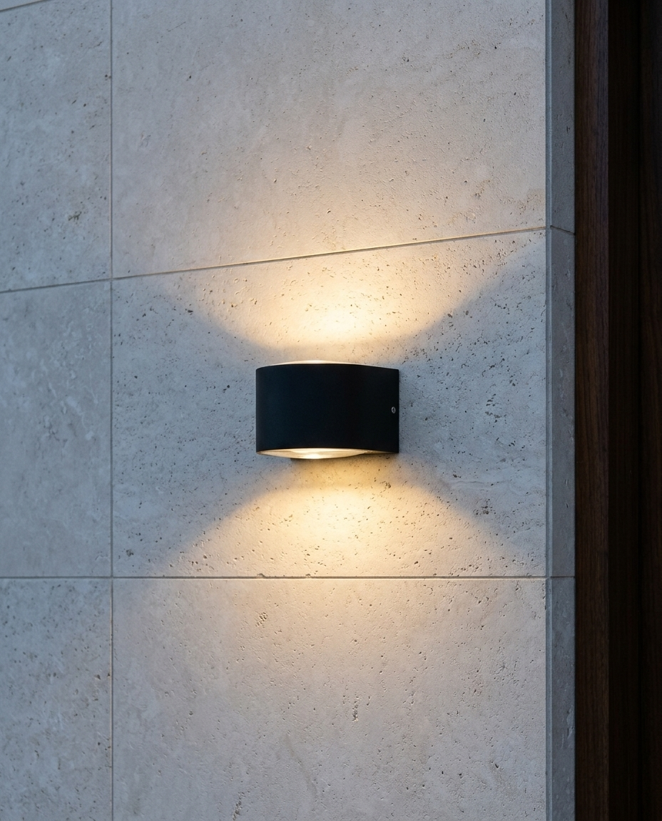 Arbotante LED CINCEL negro encendido con luz arriba y abajo en muro de travertino junto a marco de puerta de nogal
