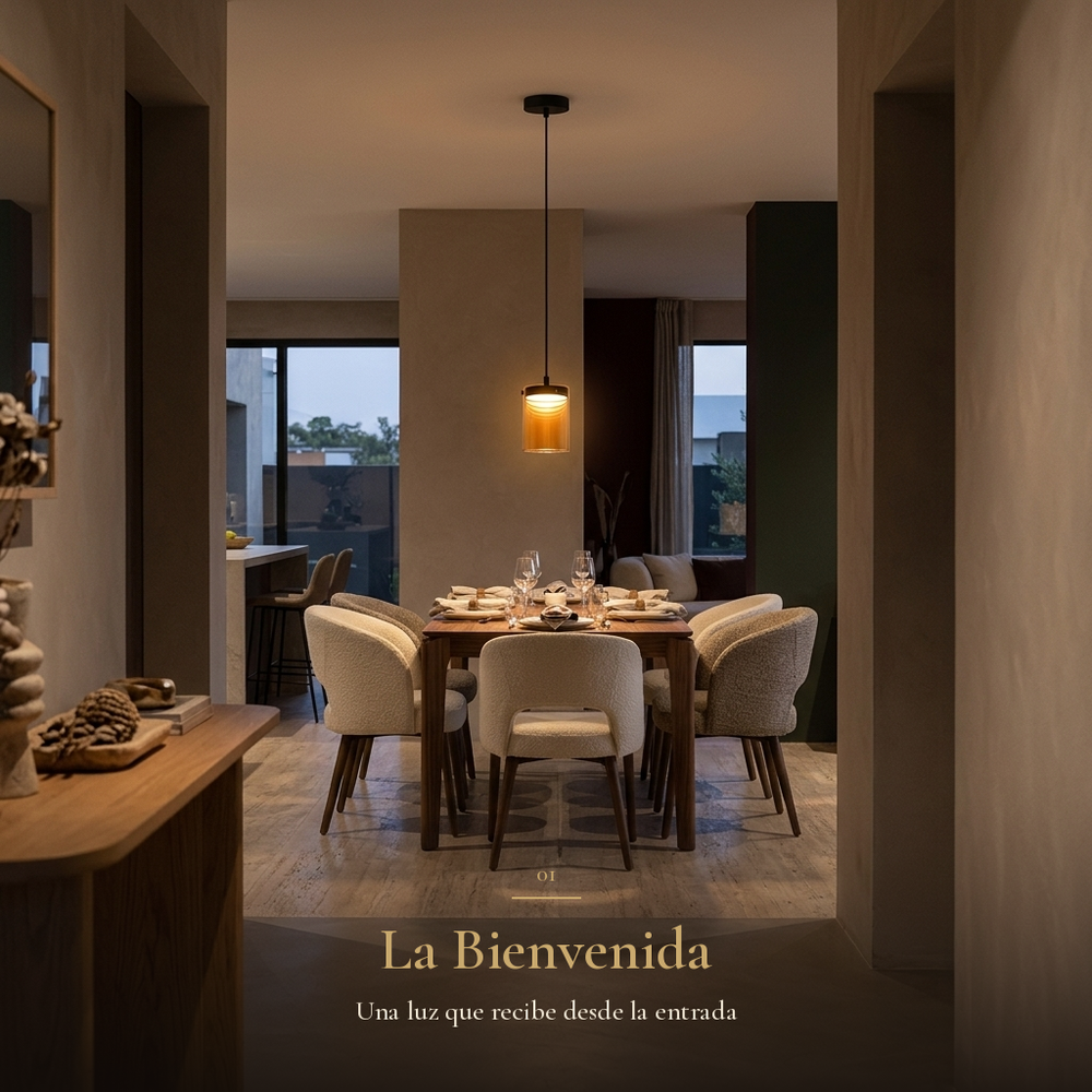 CIRAL encendida sobre el comedor al llegar a casa al atardecer