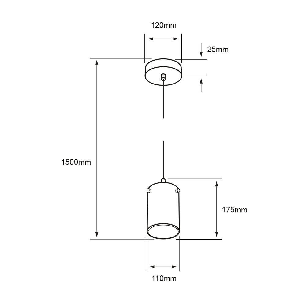 Dibujo técnico con medidas de CIRAL: cilindro de 110 mm de ancho y 175 mm de alto, altura total 1500 mm