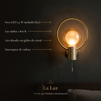 CIRCA: Foco LED 3.5 W incluido (E27), Luz ámbar 1 800 K, Aro dorado con globo de cristal, Interruptor de cadena