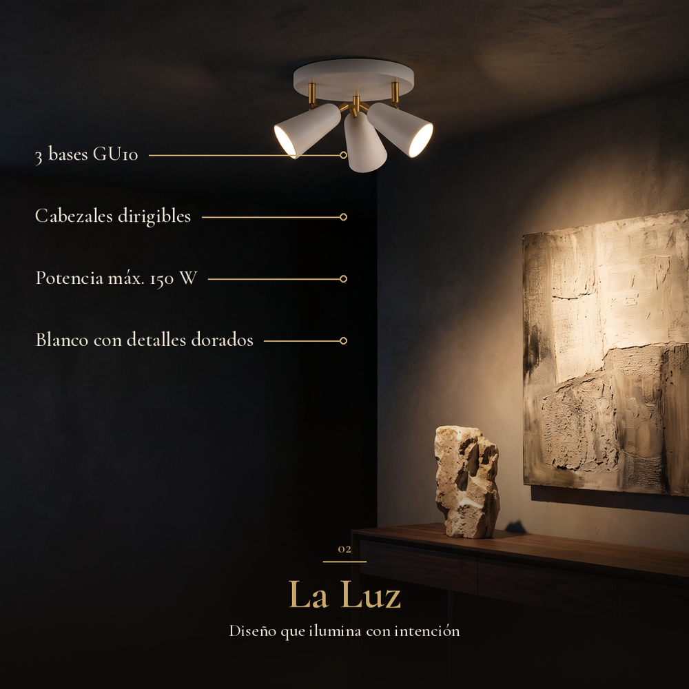 La Luz: COMPAS REDONDO con 3 bases GU10, Cabezales dirigibles, Potencia máx. 150 W, Blanco con detalles dorados