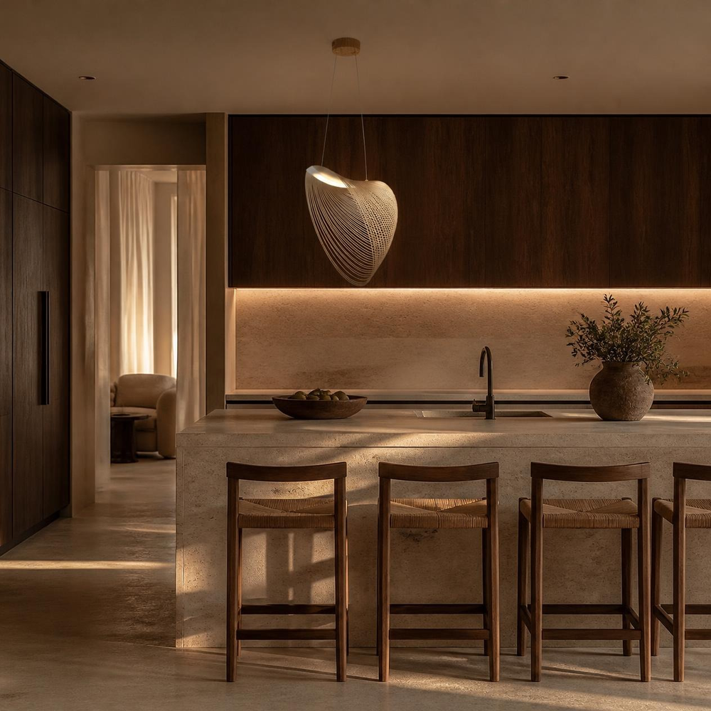 CONIA sobre isla de cocina de madera con bancos