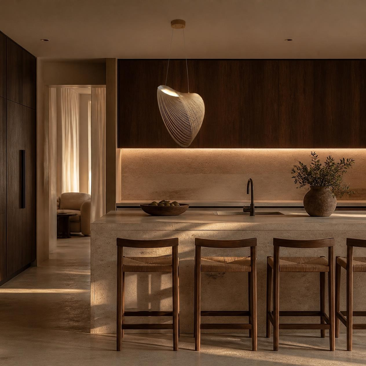 CONIA sobre isla de cocina de madera con bancos