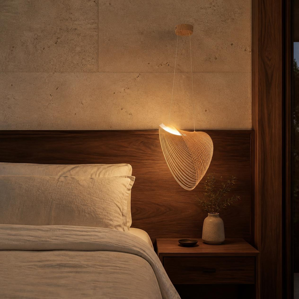 CONIA como colgante de buró junto a cama con cabecera de madera
