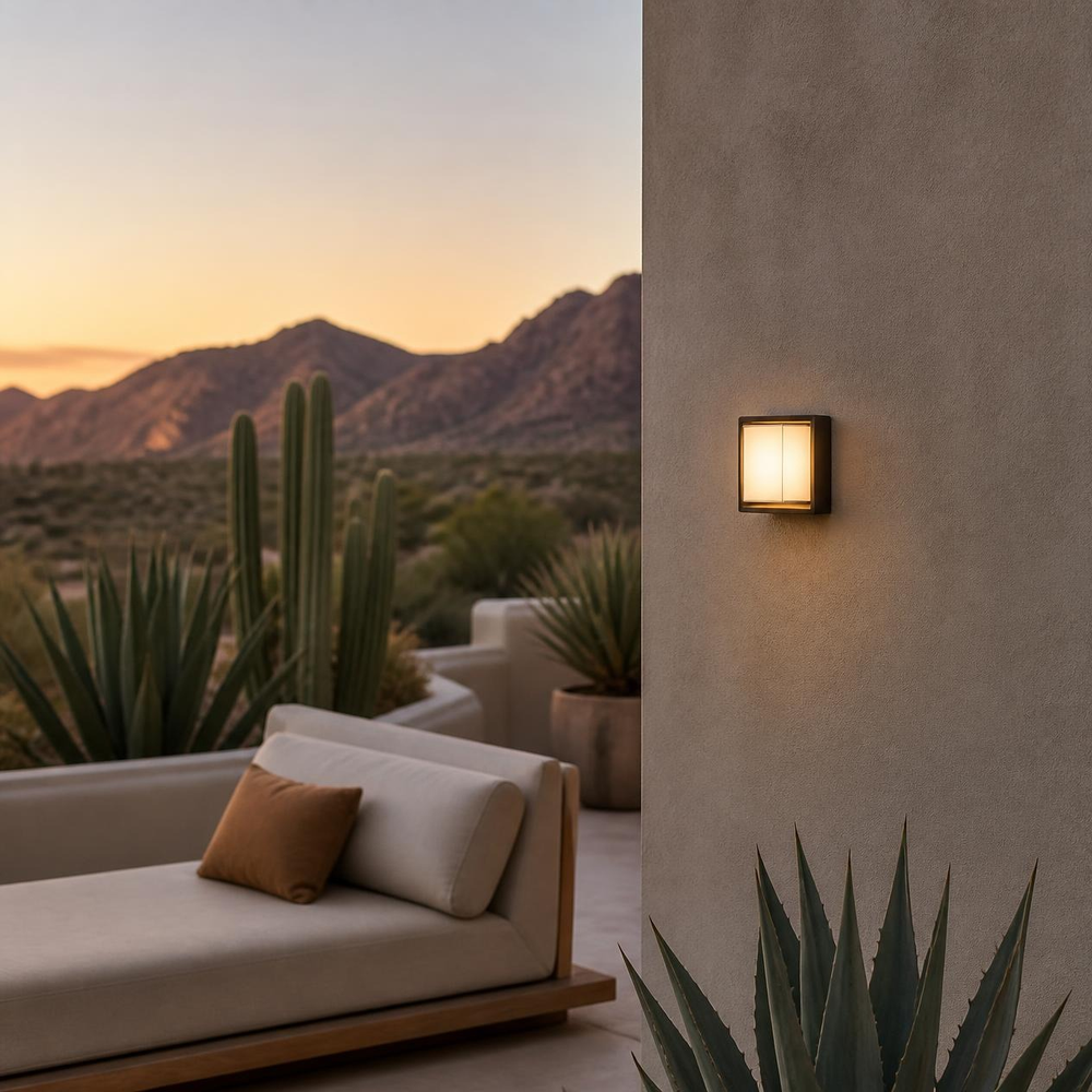 COPEINA en muro de terraza con sofá exterior y vista a montañas