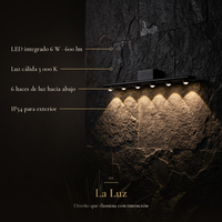 CRUCIS: LED integrado 6 W · 600 lm, Luz cálida 3 000 K, 6 haces de luz hacia abajo, IP54 para exterior
