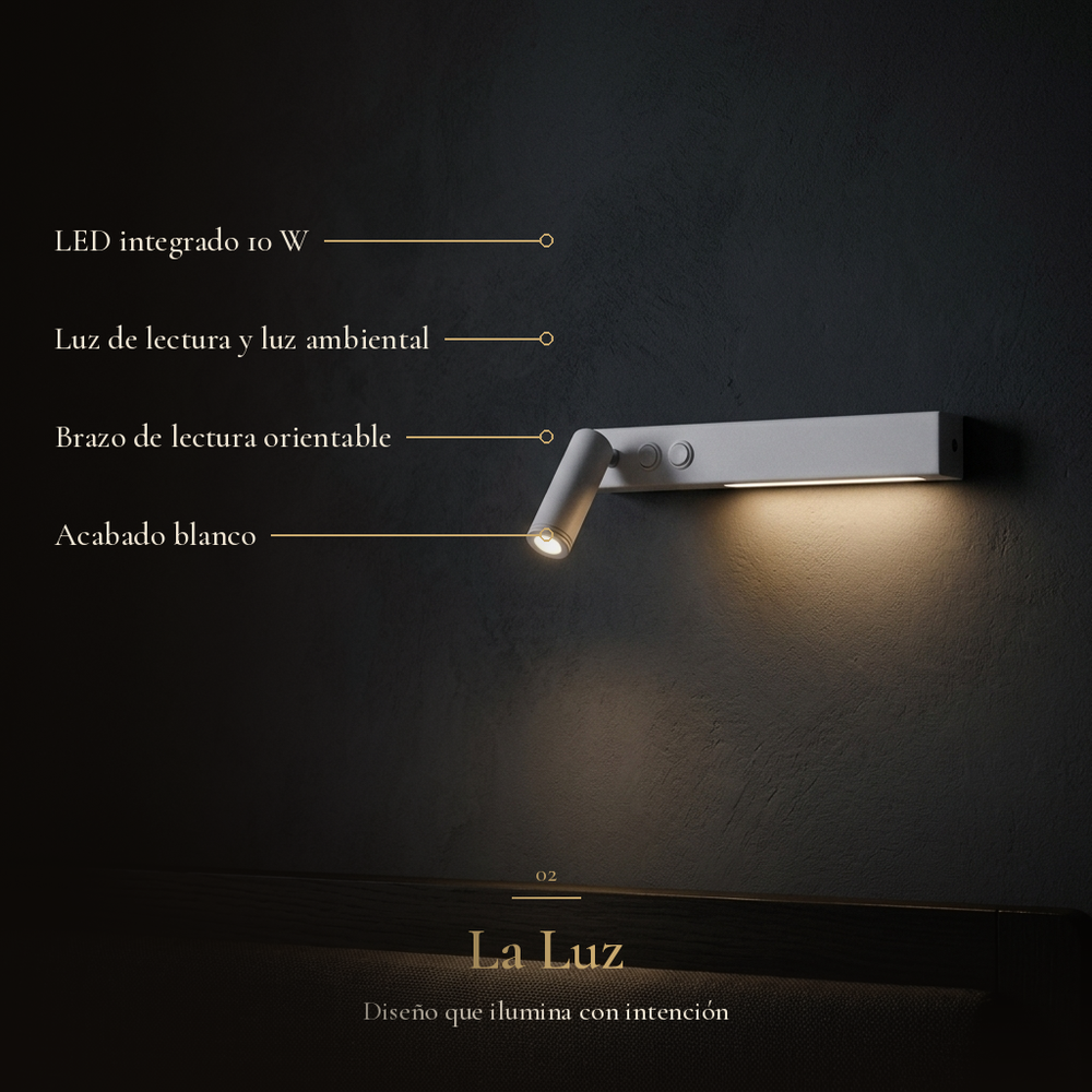 DIMURA II: LED integrado 10 W, Luz de lectura y luz ambiental, Brazo de lectura orientable, Acabado blanco