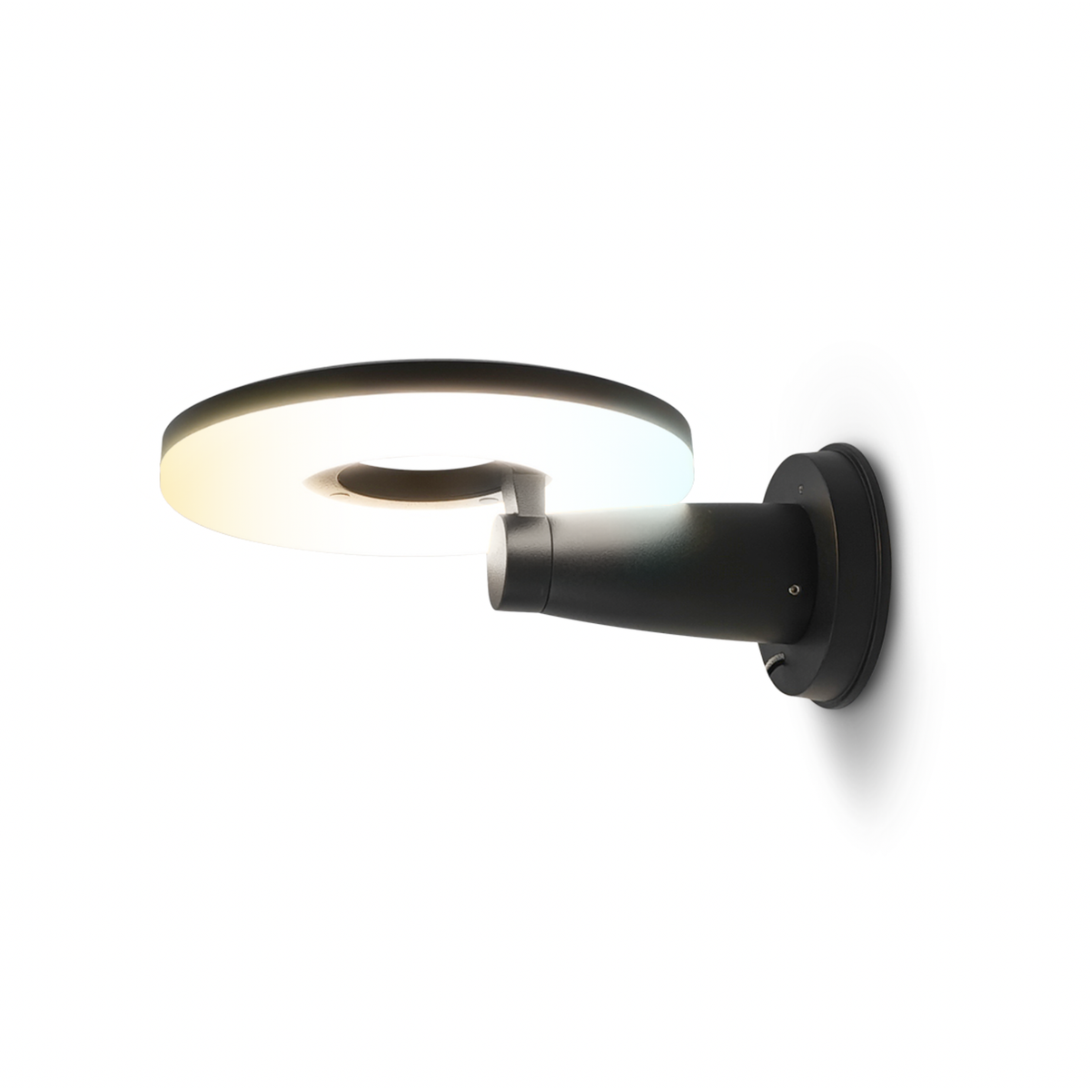 DISCOR WALL arbotante LED exterior negro con disco iluminado y brazo cilíndrico, fondo blanco
