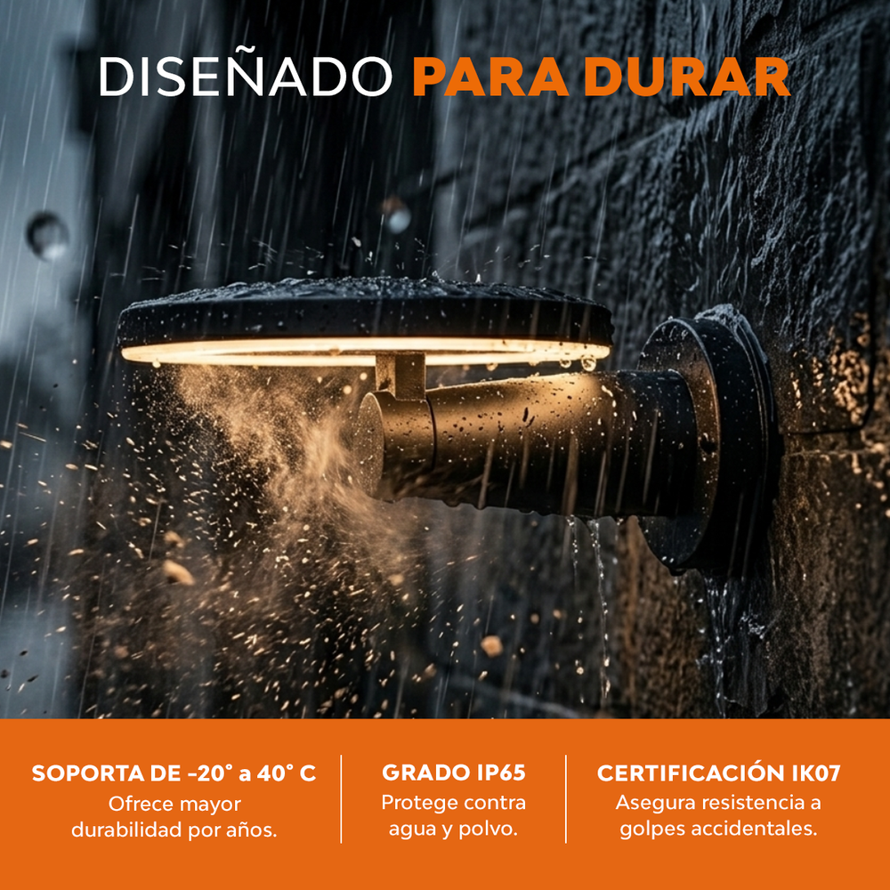 DISCOR WALL encendido bajo la lluvia, soporta de -20 a 40 °C, IP65 e IK07