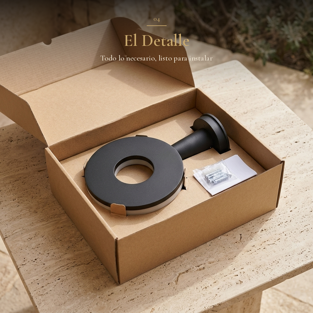 El Detalle: DISCOR WALL en su caja kraft con disco, brazo de montaje y kit de instalación