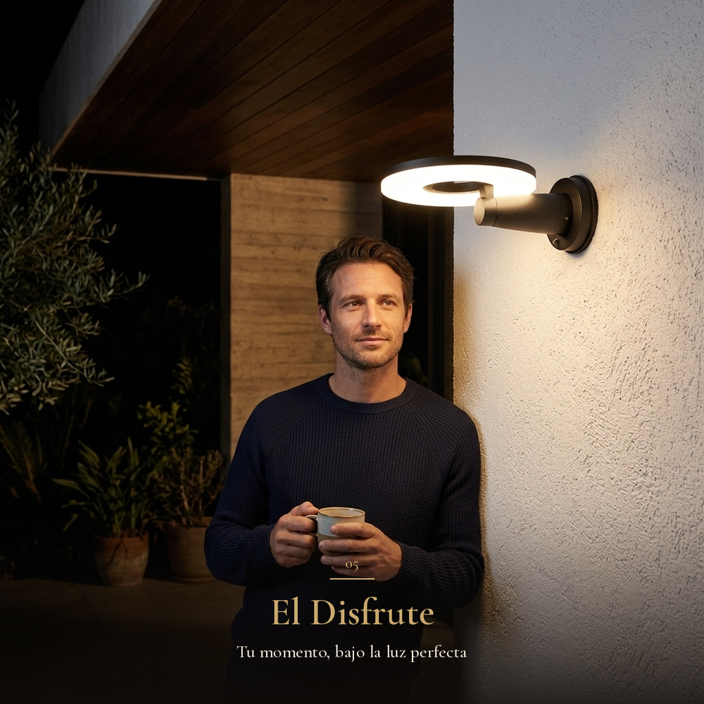 El Disfrute: hombre con taza de café bajo la luz cálida del arbotante DISCOR WALL en terraza de noche