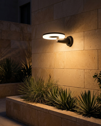 DISCOR WALL encendido sobre muro de cantera en patio de jardín con agaves y pastos en jardinera