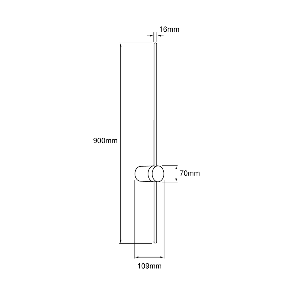Dibujo técnico con medidas de DIVALA II: varilla de 900 mm, 16 mm de grosor y pivote de 70 × 109 mm