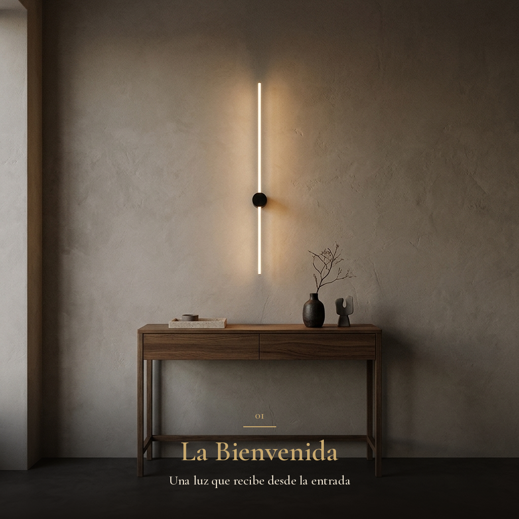 La Bienvenida: DIVALA II encendido en vertical sobre consola de roble en recibidor