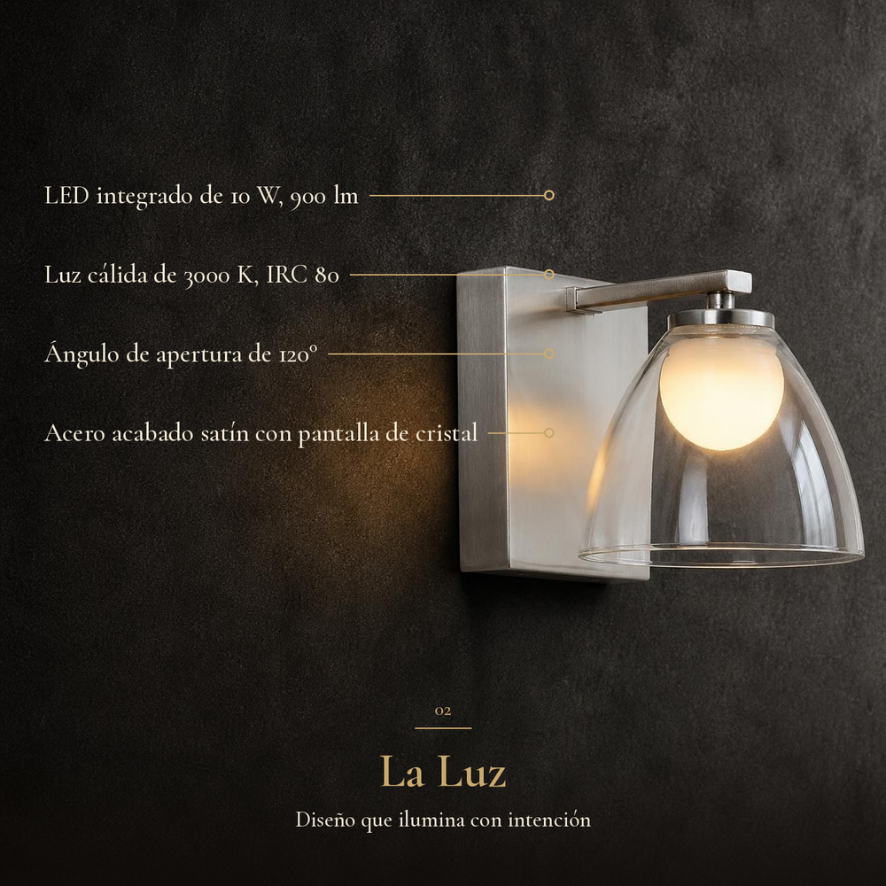 DIYA II con ficha: LED 10 W, 900 lm, 3000 K, acero satinado con pantalla de cristal