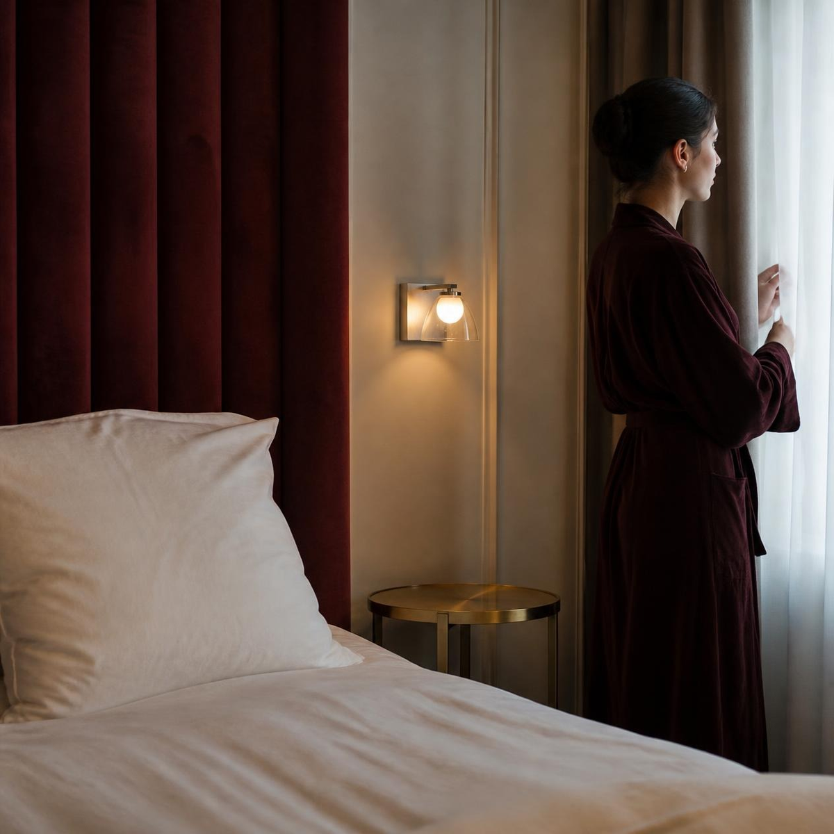 DIYA II junto a cama en recámara con cortinas de terciopelo