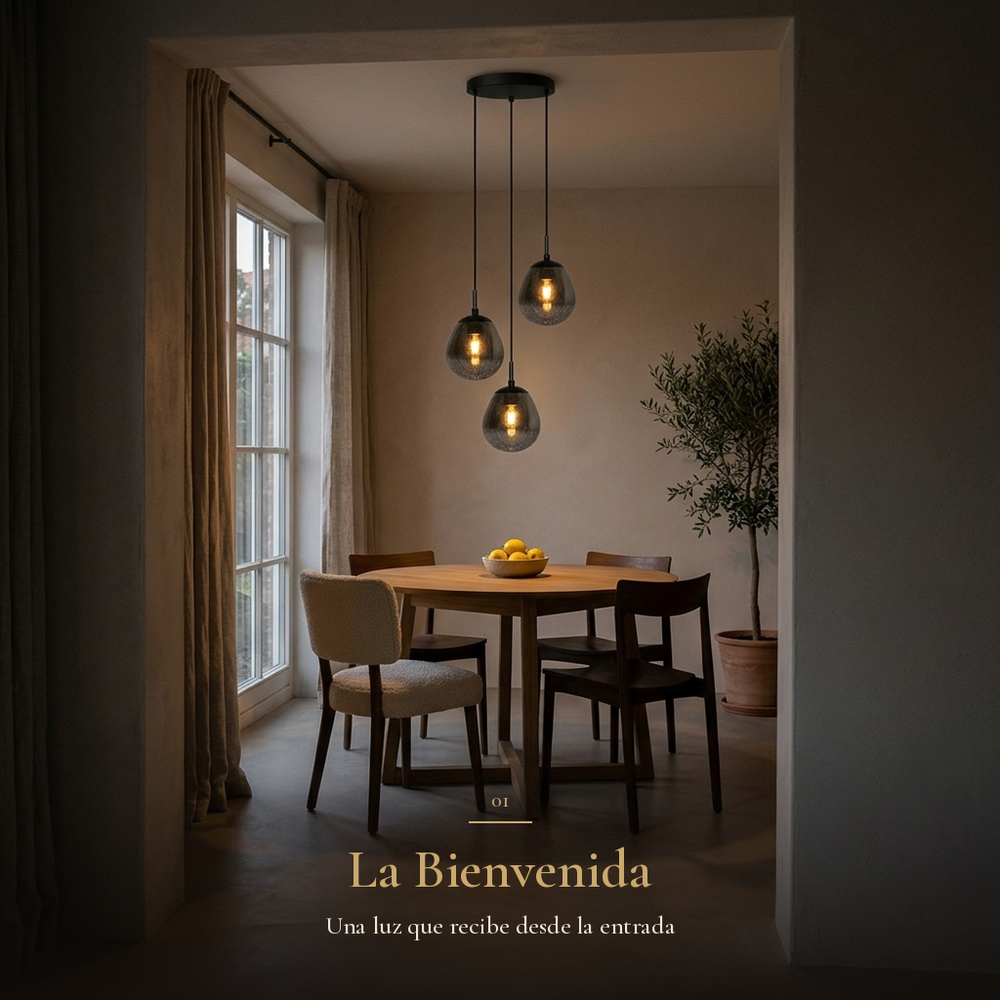La Bienvenida: DROPIA II encendida sobre comedor redondo junto a ventanal