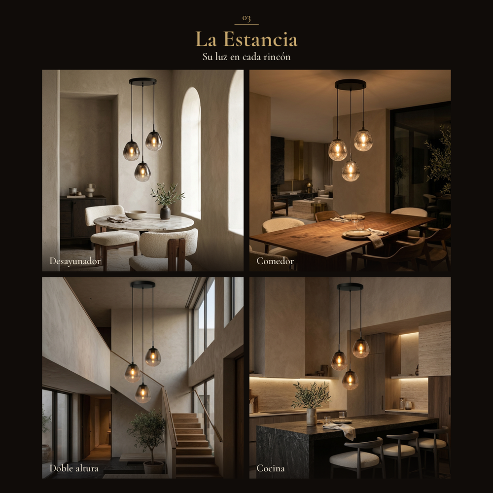 La Estancia: colgante DROPIA II en desayunador, comedor, doble altura y cocina