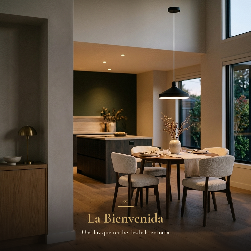 ENSORA encendida sobre el comedor al llegar a casa al atardecer