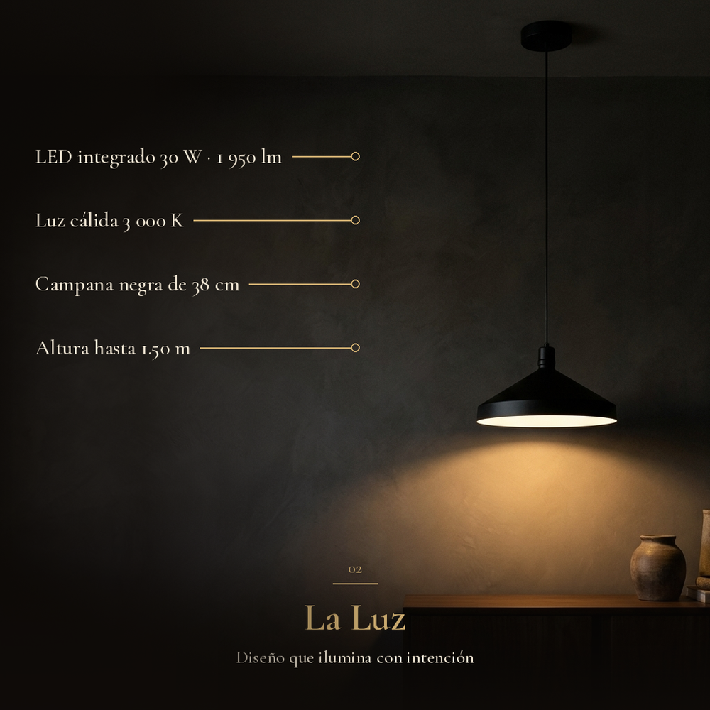ENSORA: LED integrado 30 W · 1 950 lm, Luz cálida 3 000 K, Campana negra de 38 cm, Altura hasta 1.50 m