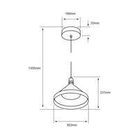Dibujo técnico con medidas de ENSORA: pantalla de 383 mm de ancho y 231 mm de alto, altura total 1500 mm