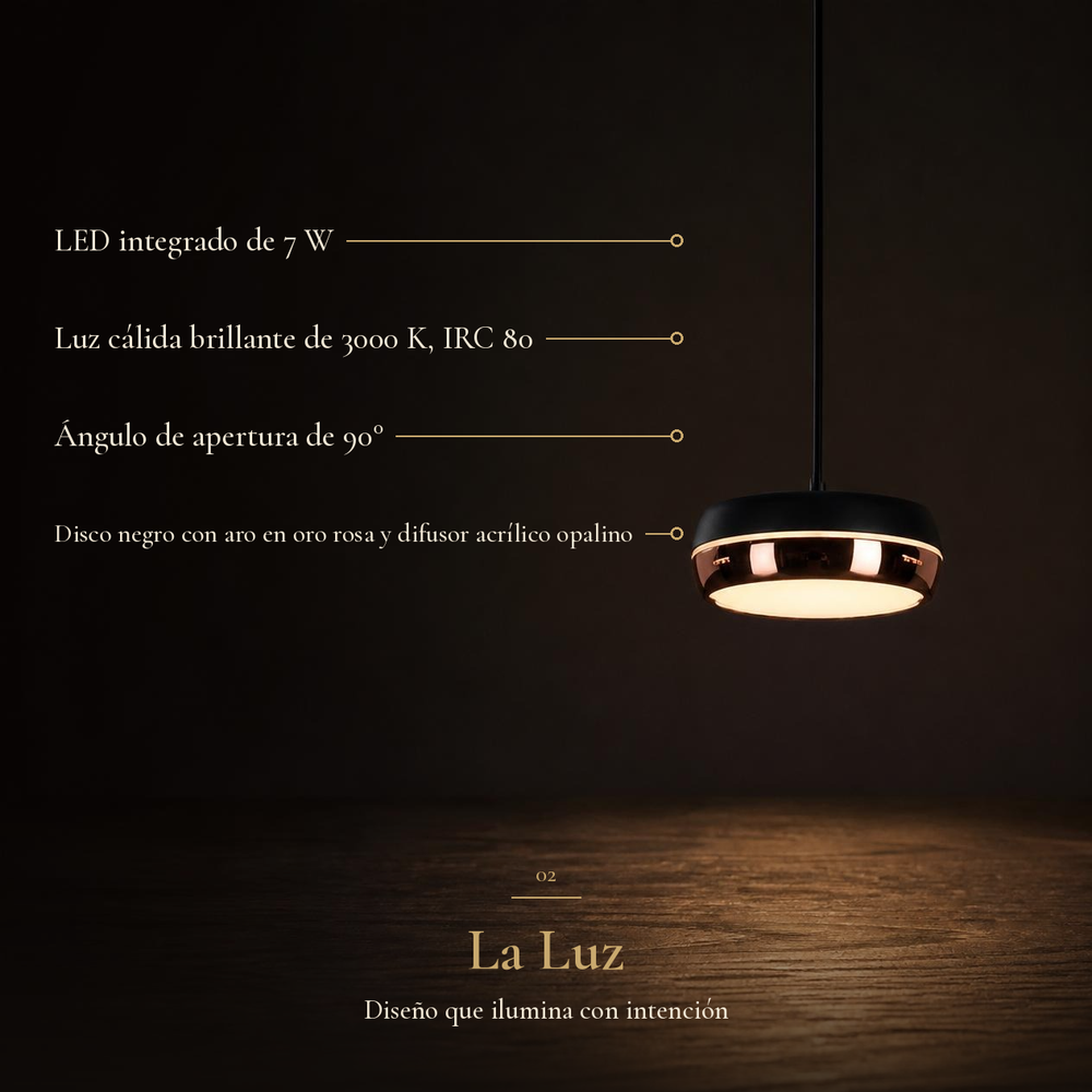 FLEGETONTE I con ficha: LED 7 W, luz cálida 3000 K, IRC 80, disco negro con aro oro rosa