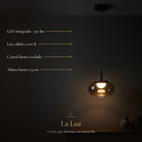 FUMARA: LED integrado · 310 lm, Luz cálida 3 000 K, Cristal humo ovalado, Altura hasta 1.74 m
