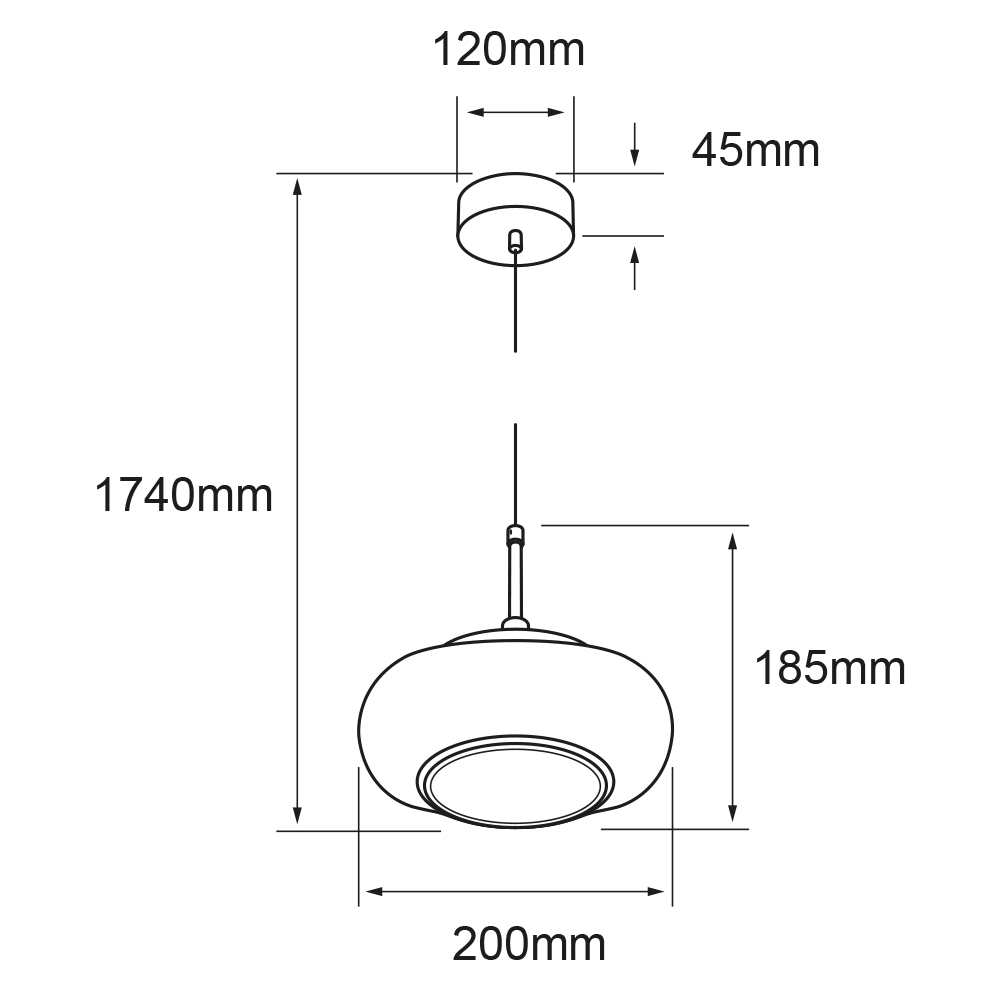 Dibujo técnico con medidas de FUMARA: pantalla de 200 mm de ancho y 185 mm de alto, altura total 1740 mm