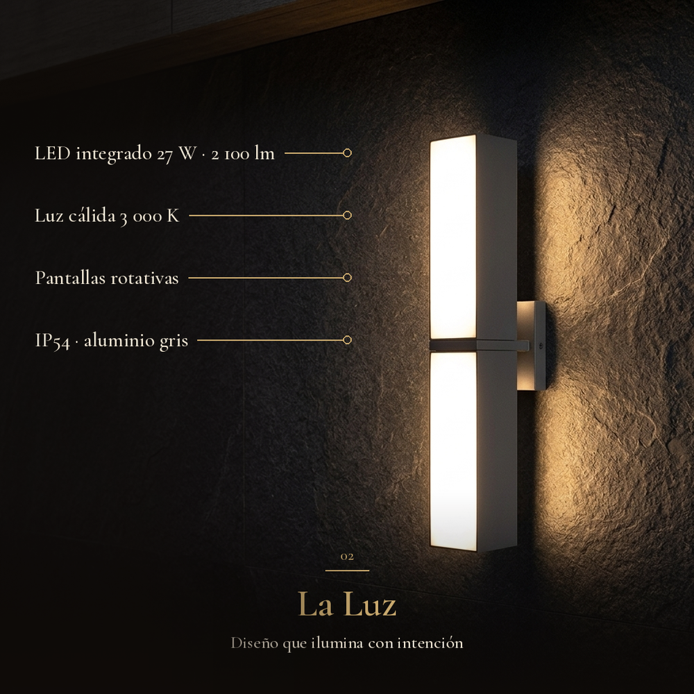 La Luz: FURUD II con LED integrado 27 W, 2 100 lm, luz cálida 3 000 K, pantallas rotativas e IP54