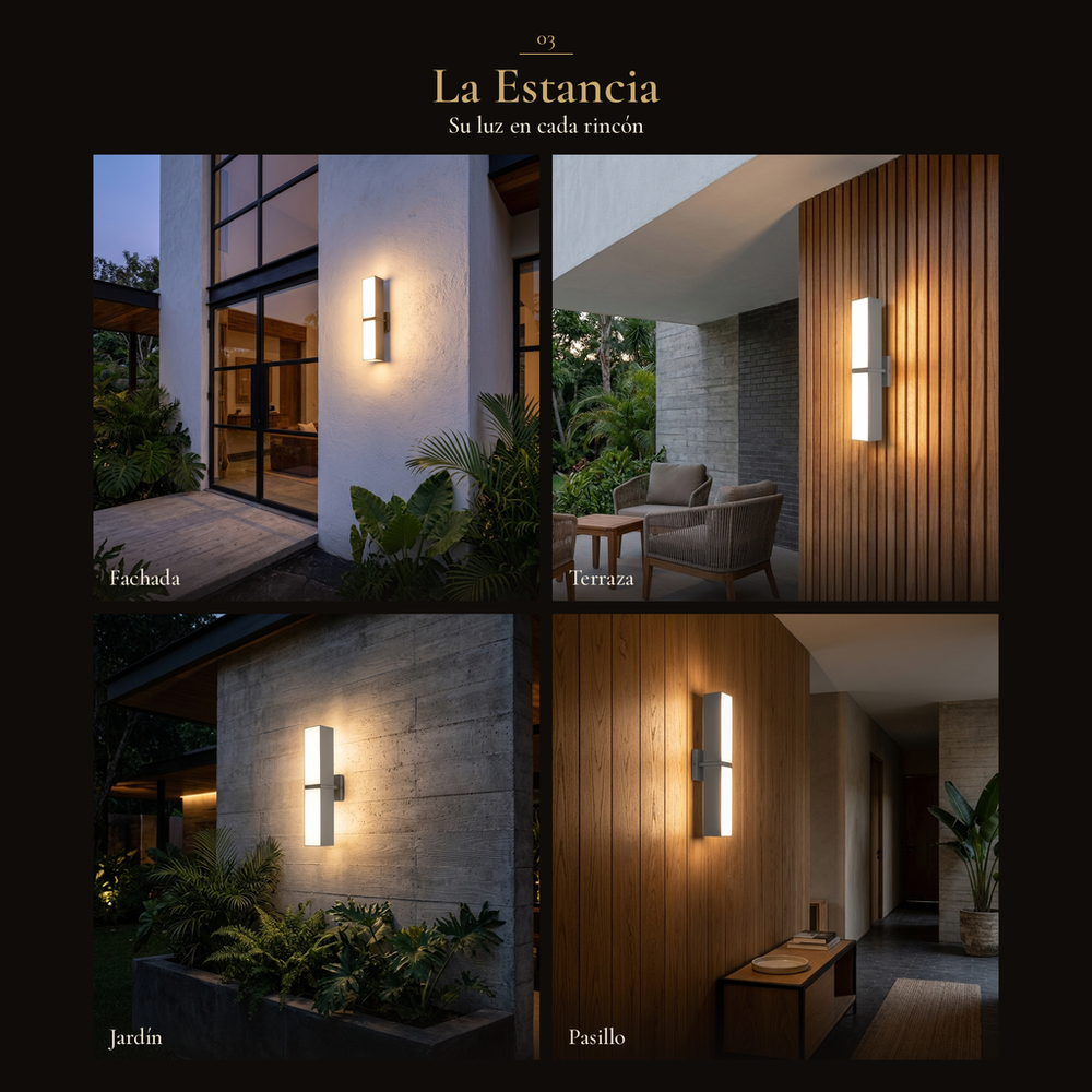 La Estancia: arbotante FURUD II en fachada, terraza, jardín y pasillo
