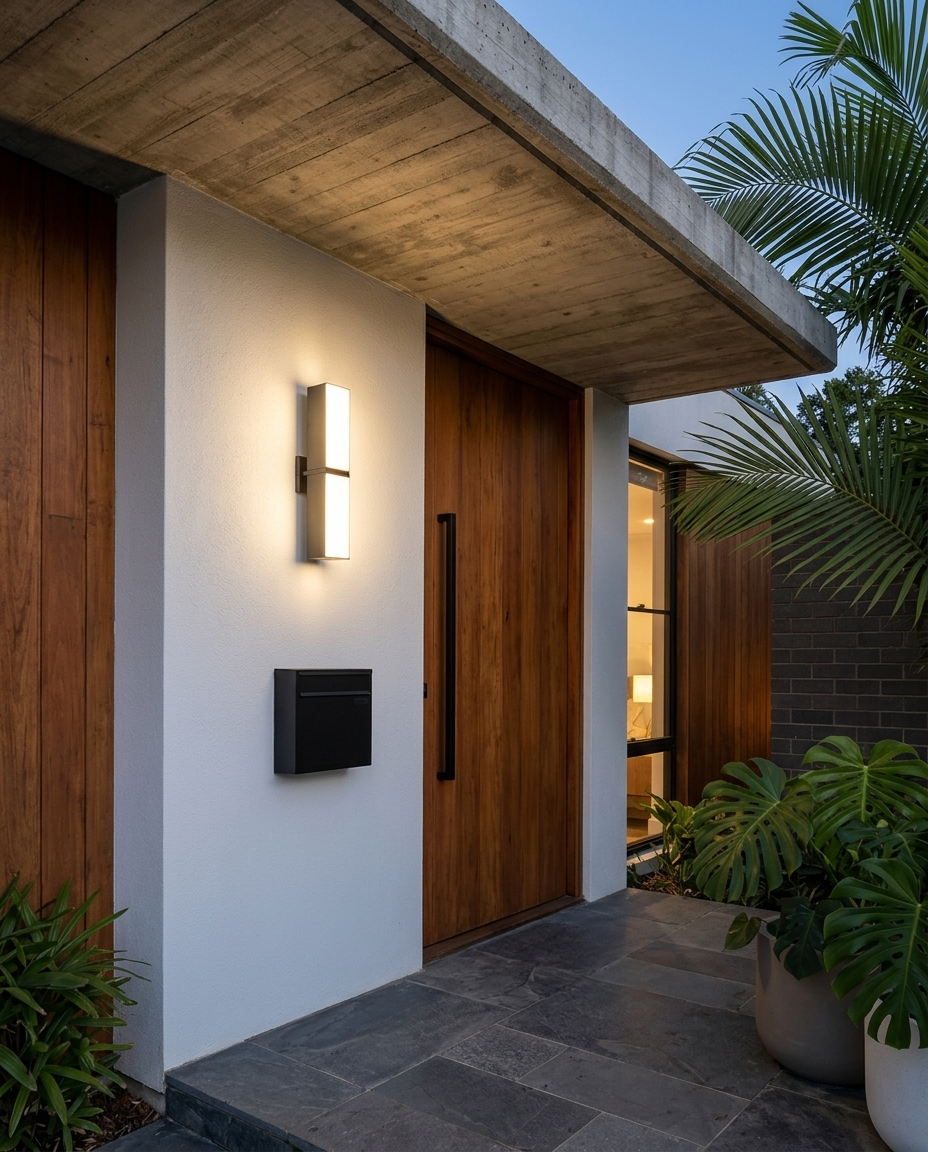 Arbotante FURUD II gris encendido junto a puerta principal de madera en fachada bajo alero