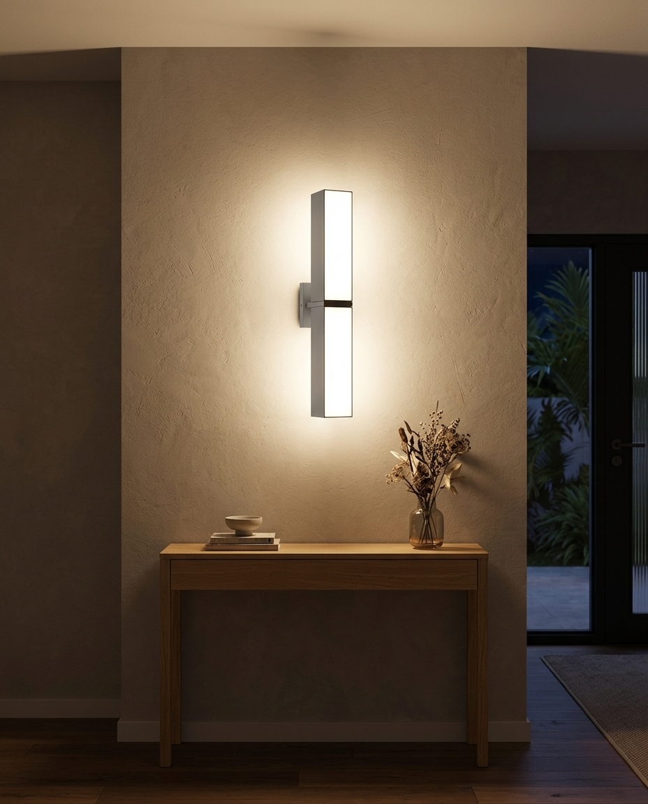 Arbotante FURUD II encendido en pasillo interior sobre consola de madera