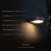 La Luz: GIDI con LED 14 W, 1100 lm, luz cálida 3000 K, disco giratorio 320°, IP54 y 20 × 5 × 16 cm