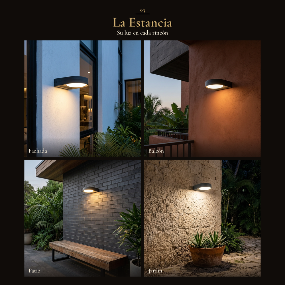 La Estancia: arbotante GIDI iluminando fachada, balcón, patio y jardín